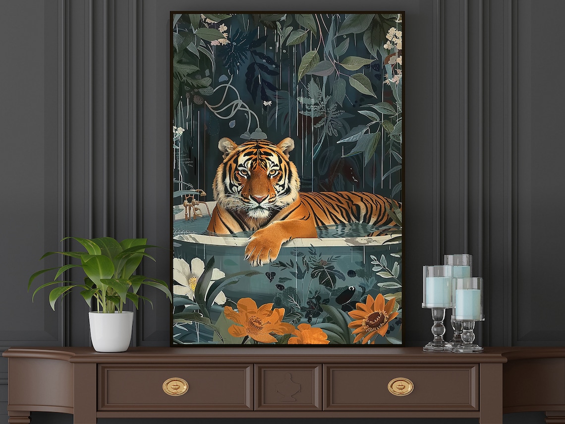 Tiger In Bathtub Tropical Jungle Floral Fun Animal Art Poster - Image 3