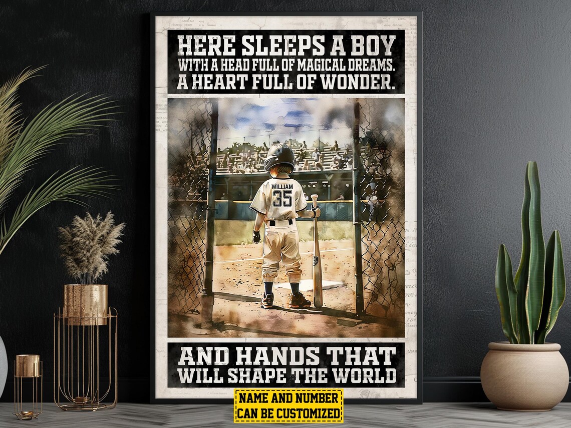 Here Sleeps a Boy With Magical Dreams Baseball Custom Name Poster