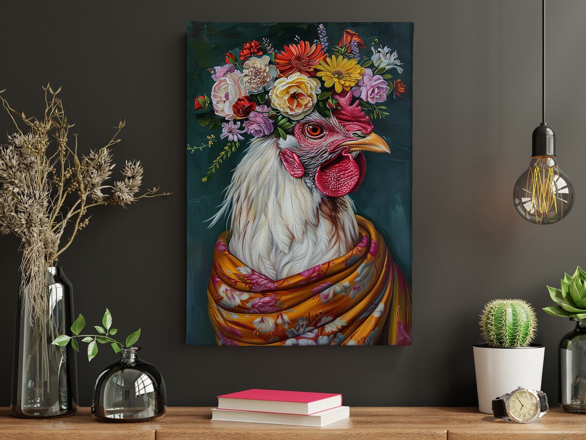 White Rooster Flower Crown Floral Shawl Farm Animal Art Poster - Image 5