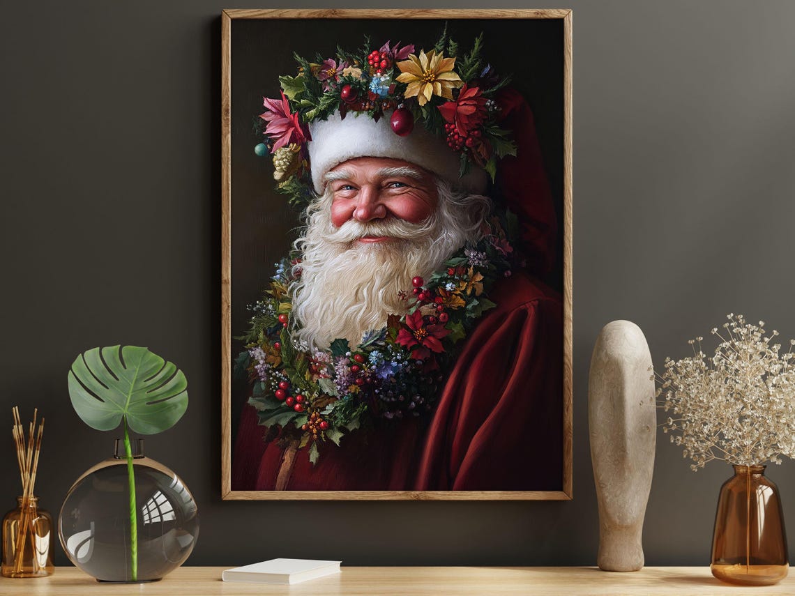 Vintage Santa Wearing Christmas Wreath Painting Christian Cottage Santa Claus Poster Print Christmas Wall Art Christmas Decor - Image 6