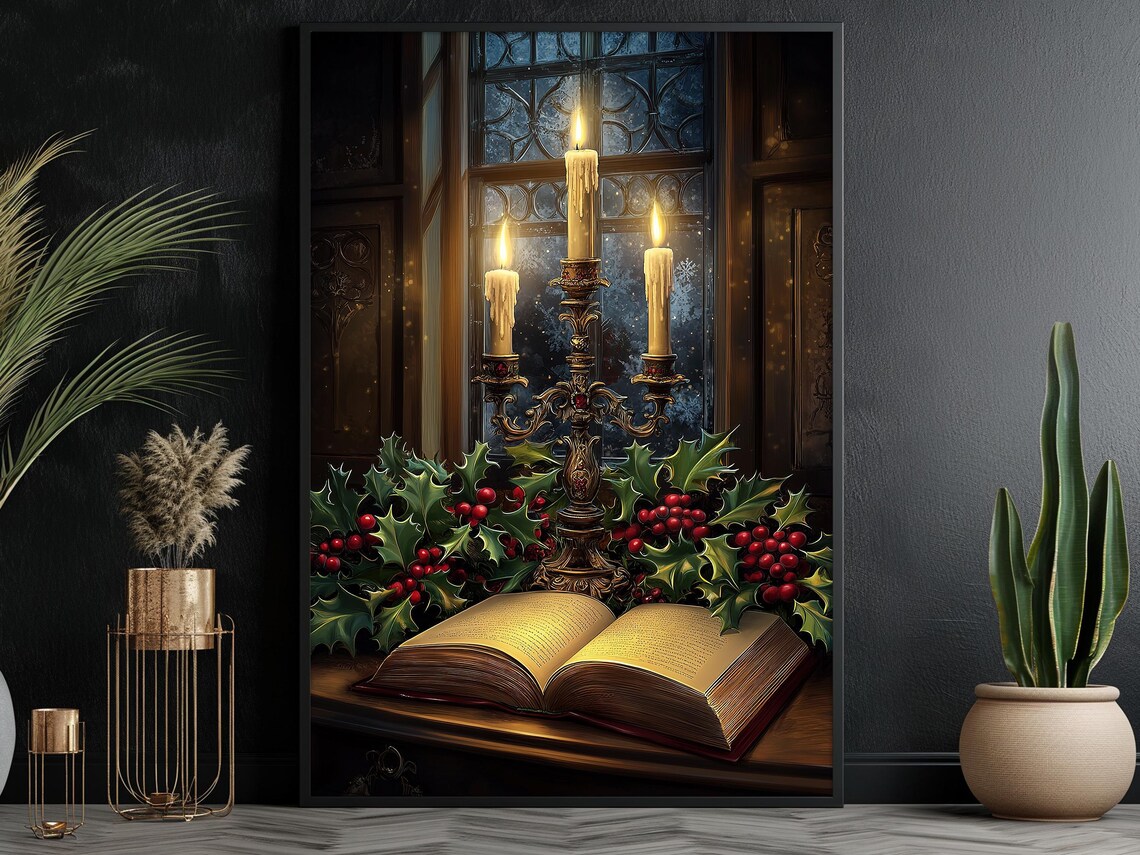 Vintage Xmas Candle Painting, Cozy Christmas Poster - Image 6