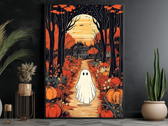 Cute Ghost Pumpkin Patch Autumn Forest Moon Vintage Halloween Illustration Poster