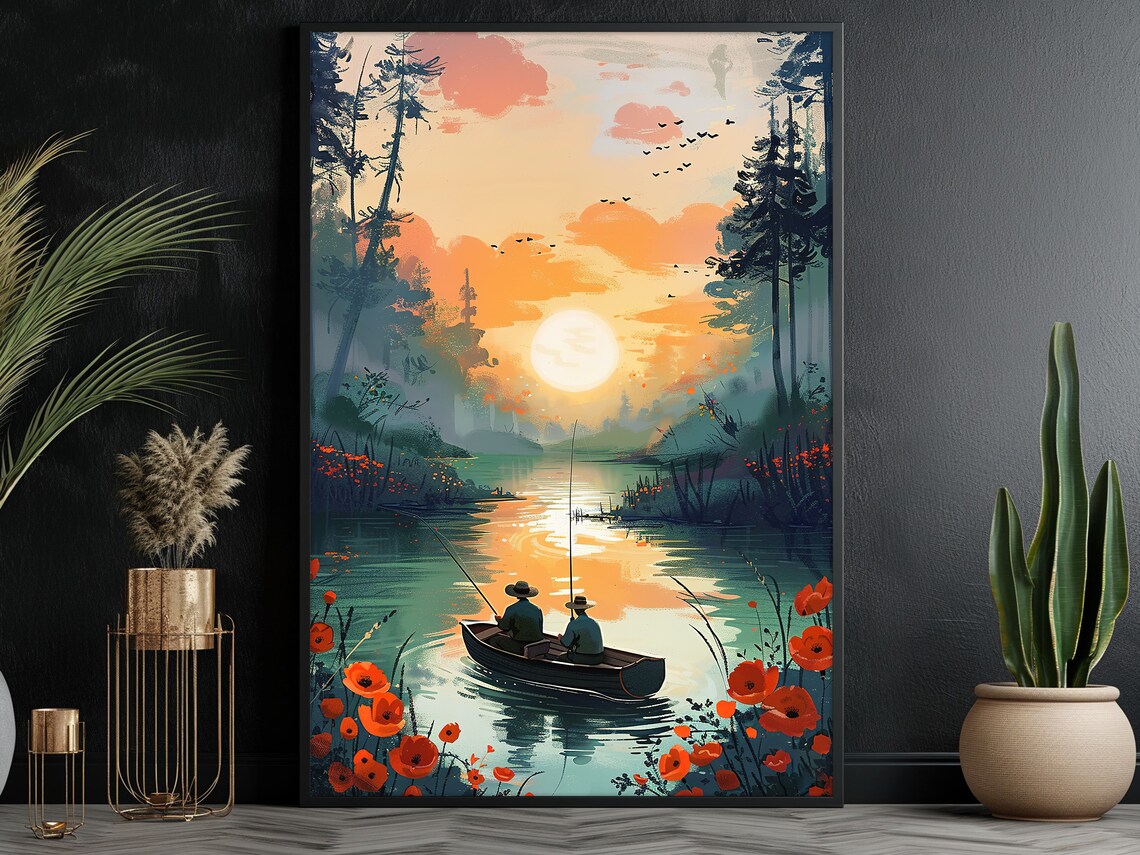 Vintage Men Fishing on the Lake Landscape Art Print - Image 3