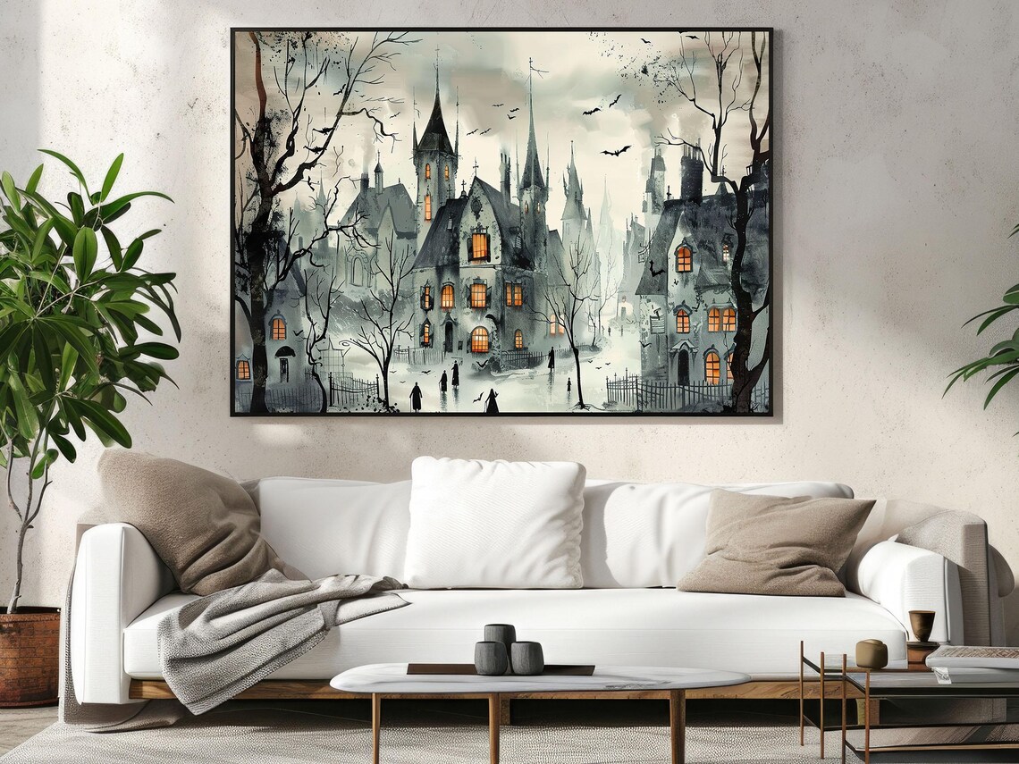 Spooky Haunted Old Town Street Watercolor with Glowing Windows Poster - Image 5