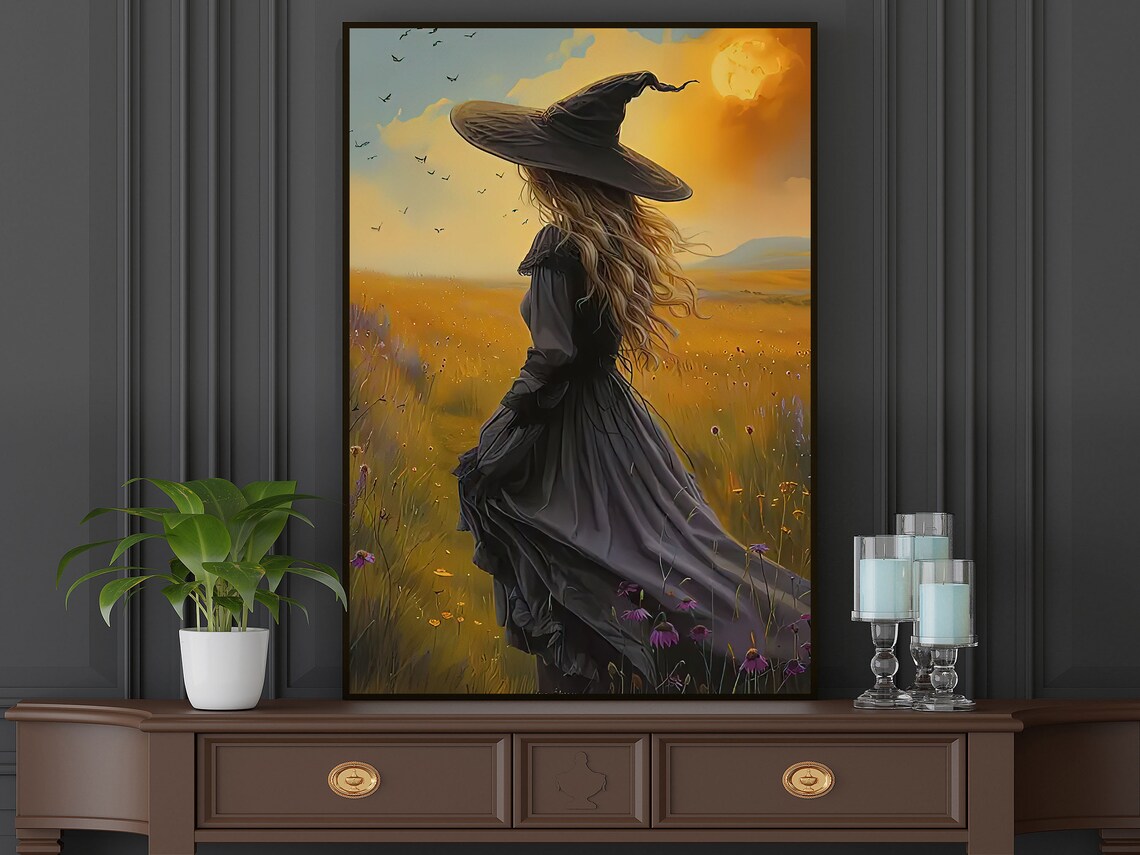 Witch In Golden Wildflower Meadow Sunset Back View Witchy Fantasy Poster - Image 5