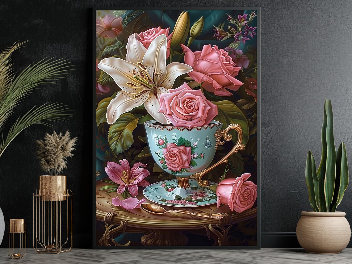 Pink Roses And White Lily In Porcelain Teacup Still Life Art Poster - Image 4