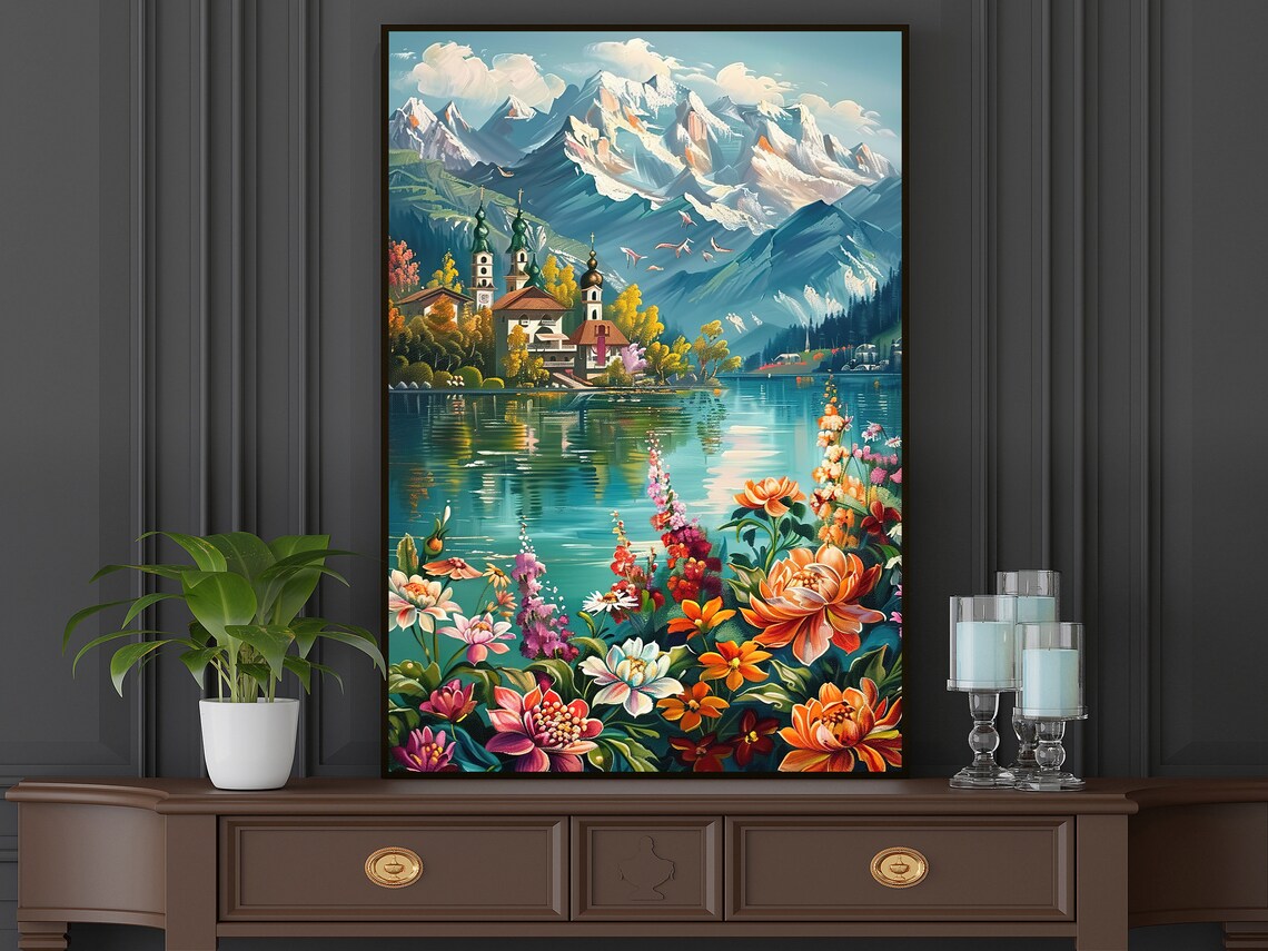 Vintage Countryside Lake Oil Painting Dreamy Mountain Art Print Landscape Print Flowers Wall Art Landscape Print - Image 5