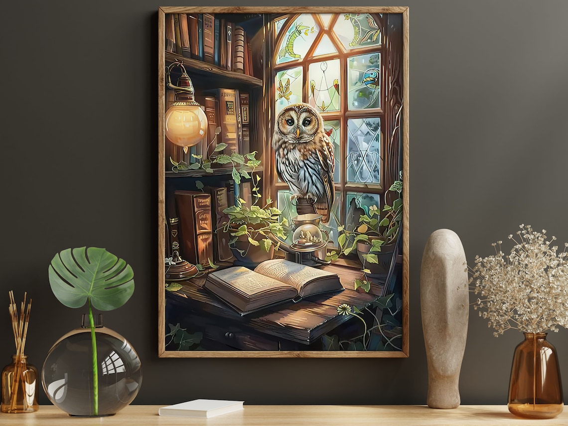 Vintage Owl and Books Poster Print, Cottage Bird - Image 5