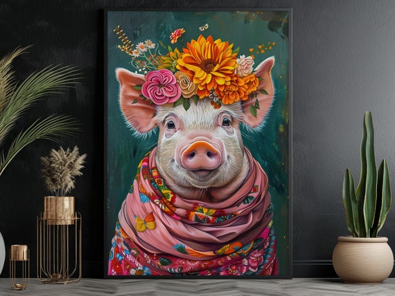 Vintage Floral Pig Lady Art Print, Farm Animal