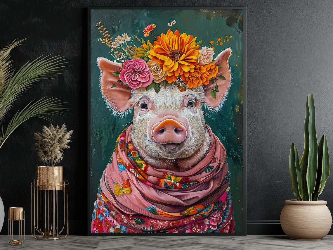 Vintage Floral Pig Lady Art Print, Farm Animal