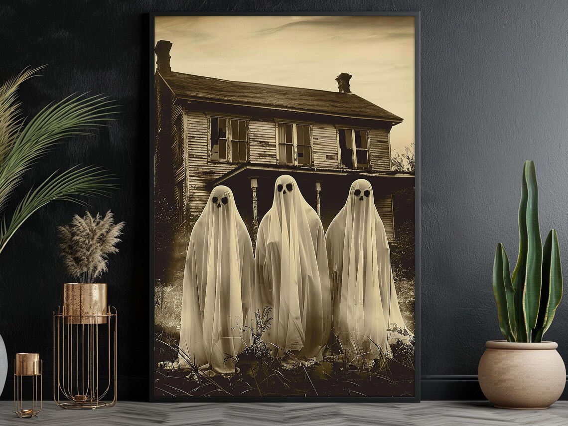 Three Vintage Sheet Ghosts in Front of Old Sepia Farmhouse Art Poster - Image 6
