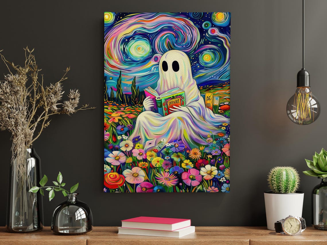 Starry Night Style Ghost Reading Book Among Flowers Colorful Poster - Image 3
