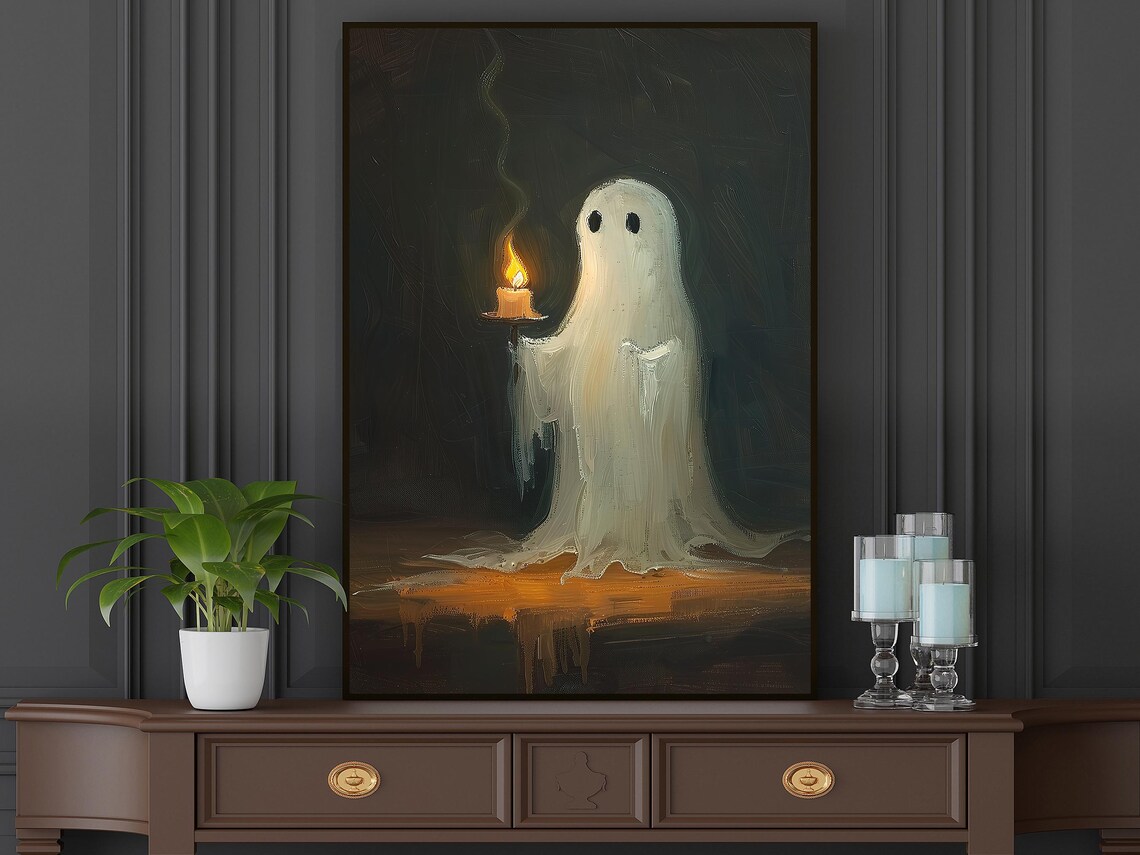 Cute Ghost Holding Candle In Dark Spooky Sweet Halloween Art Print - Image 5