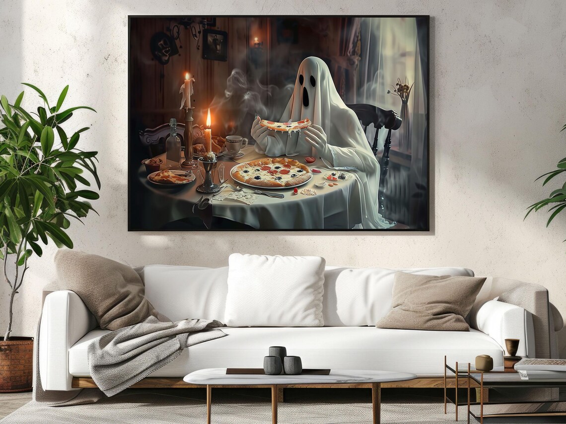 Ghost Eating Pizza By Candlelight Funny Spooky Halloween Art Poster - Image 4