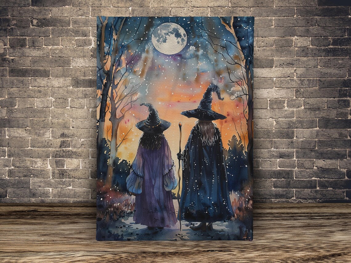 Mother And Child Witches Under Moonlight Watercolor Halloween Poster - Image 2