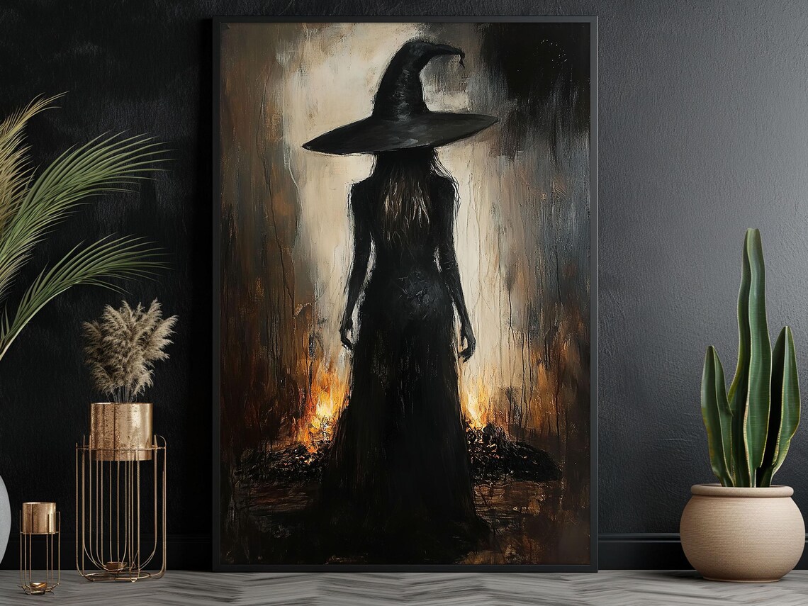 Witch Silhouette Pointed Hat Forest Fire Painterly Dark Halloween Art Poster - Image 6