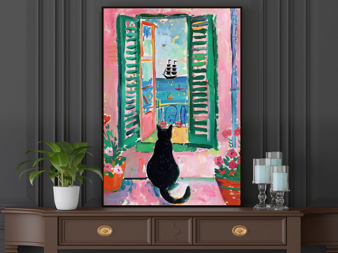 Vintage Black Cat by the Window, Matisse-Inspired Art Print - Image 5