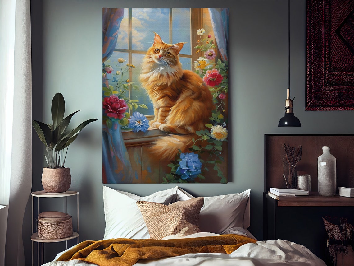 Fluffy Orange Cat On Flower Filled Windowsill Spring Window Poster - Image 2