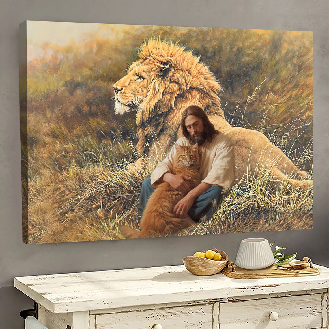 Jesus Holding Cat With Lion In Golden Meadow Peaceful Christian Art Poster - Image 4