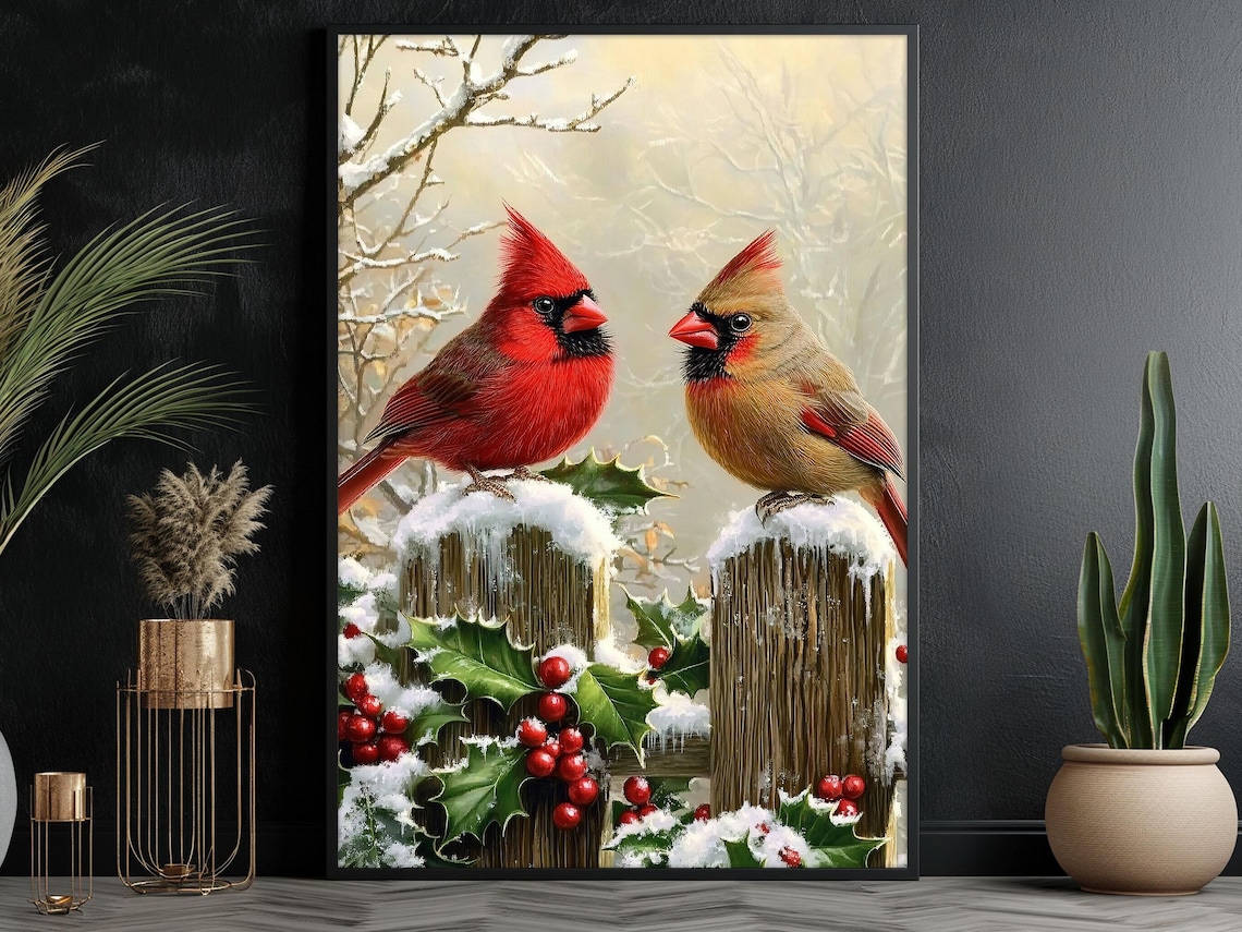 Male Female Cardinals On Snowy Fence With Holly And Red Berries Poster