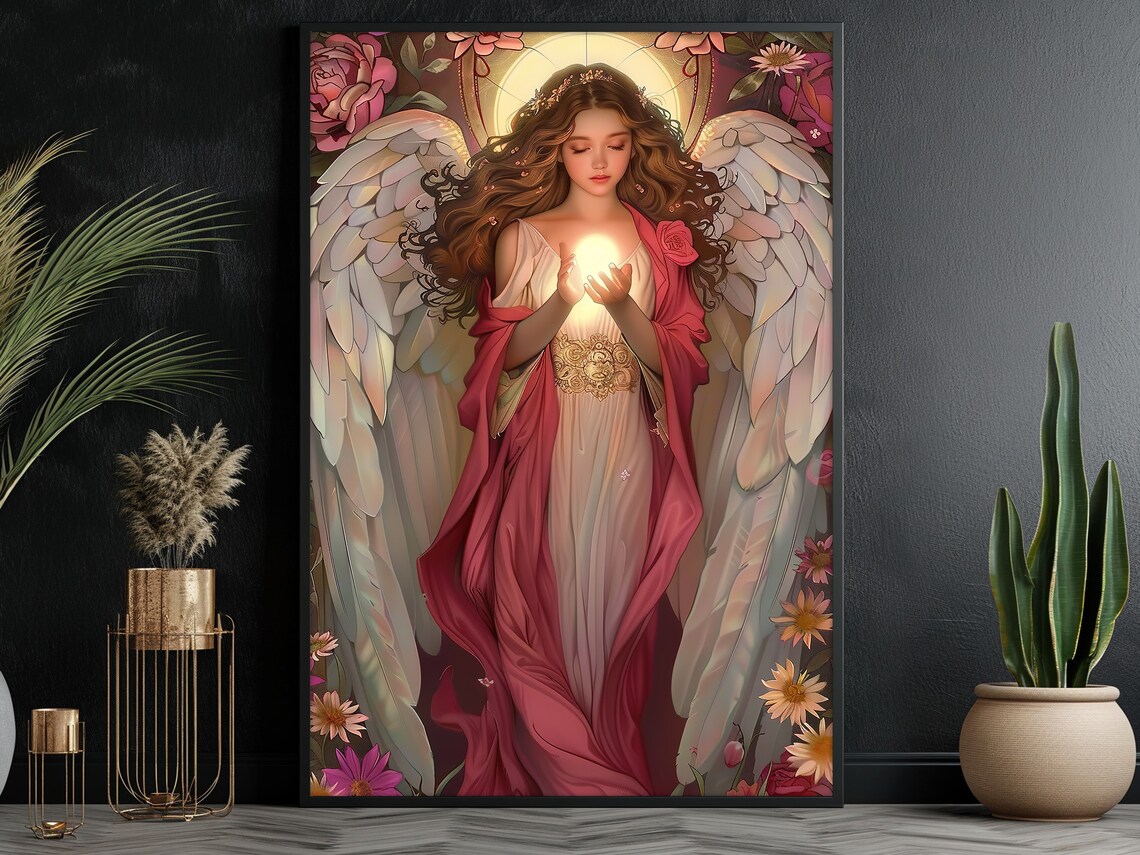 Guardian Angel Holding Light Of Hope Red Robe Floral Art Print Poster - Image 3
