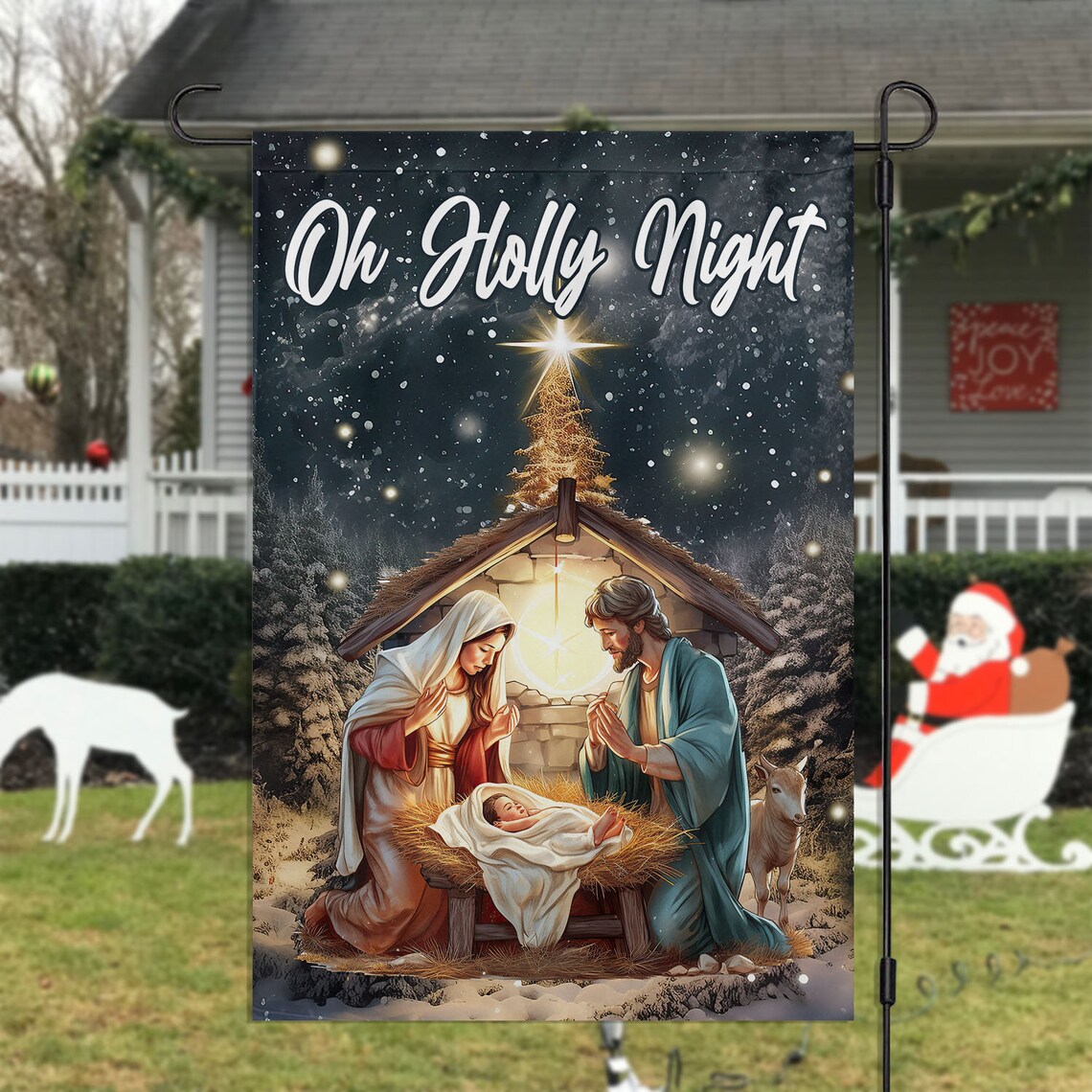 Oh Holly Night Nativity Manger Scene Christmas Garden Flag Snowy Star Decor - Image 2
