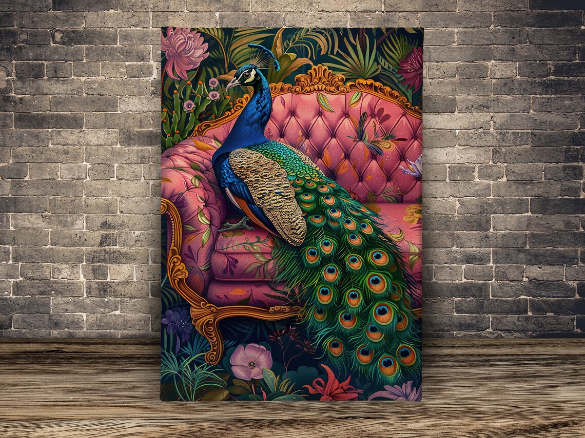 Tropical Peacock On The Sofa Wild Animal Art Print - Image 2