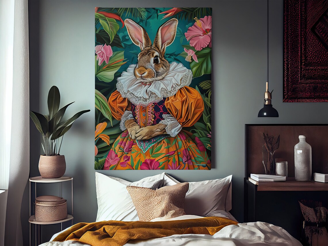 Rabbit In Orange Renaissance Gown Lace Ruff Tropical Whimsical Art Poster - Image 2