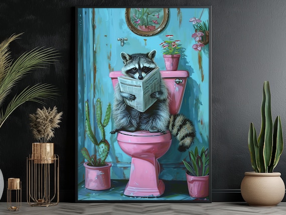 Funny Raccoon Reading Newspaper On Pink Toilet Bathroom Wall Poster