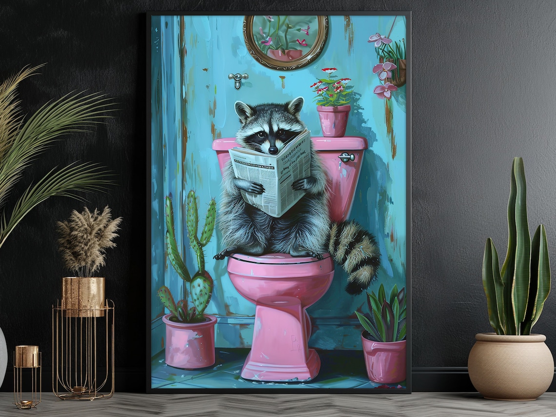 Funny Raccoon Reading Newspaper On Pink Toilet Bathroom Wall Poster