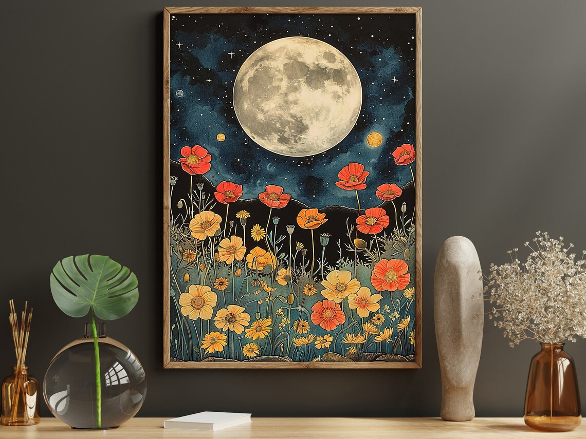 Red Poppies Under Full Moon Starry Night Vintage Floral Garden Poster