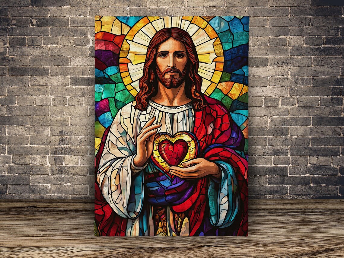 Jesus Christ Sacred Heart Stained Glass Style Portrait Religious Wall Art - Image 2