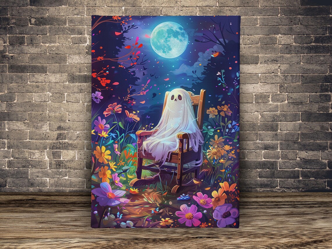 Dreamy Ghost in Rocking Chair Under Full Moon in Flower Field Poster - Image 2