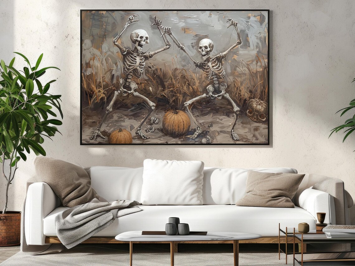 Joyful Dancing Skeletons Among Pumpkins in Harvest Field Art Poster - Image 5
