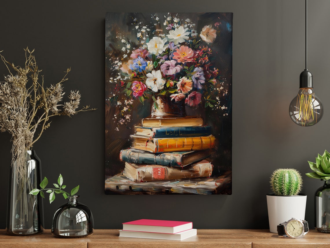 Vintage Flowers Vase And Books Oil Painting Flowers Vase Print Cottage Flowers Flowers Poster Flowers Wall Art - Image 4
