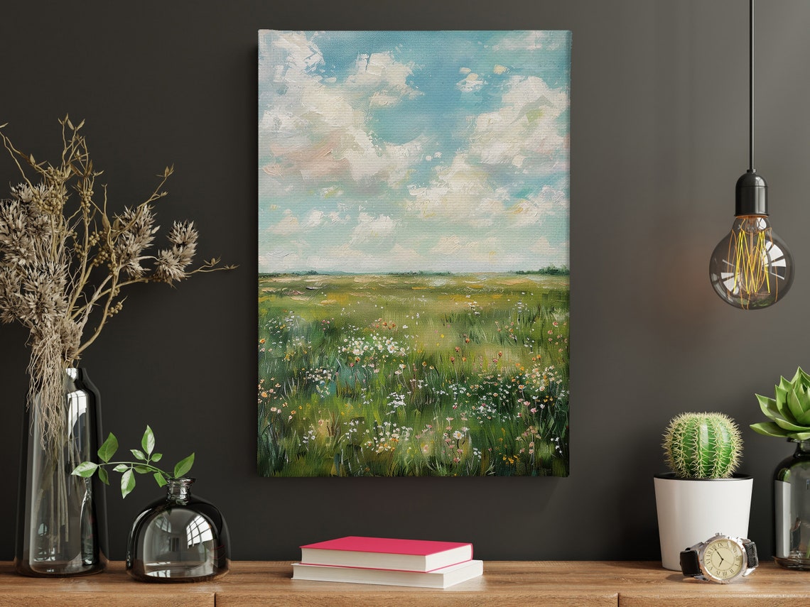 Summer Wildflower Meadow Under Big Clouds Impressionist Scenery Poster - Image 5