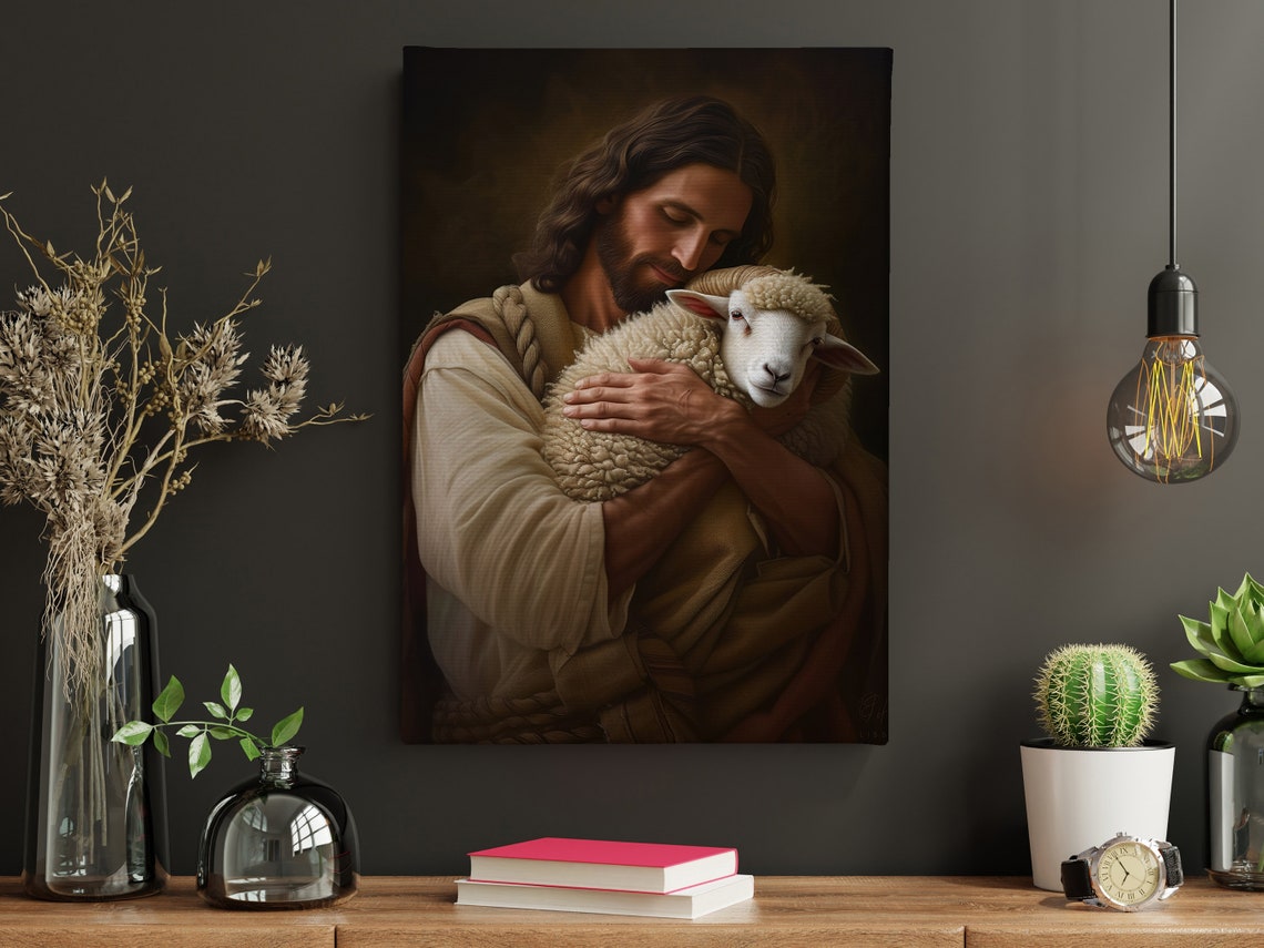 Jesus As Good Shepherd Embracing Lamb Devotional Faith Art Poster - Image 2