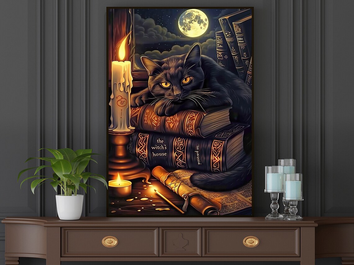 Cottage Black Cat Witch Painting, Retro Halloween Art Print - Image 4