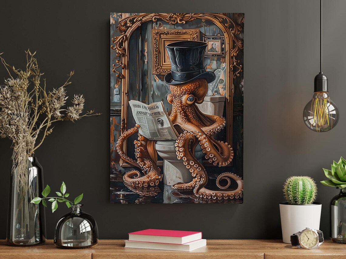 Vintage Octopus on Toilet Bathroom Poster Print - Image 4