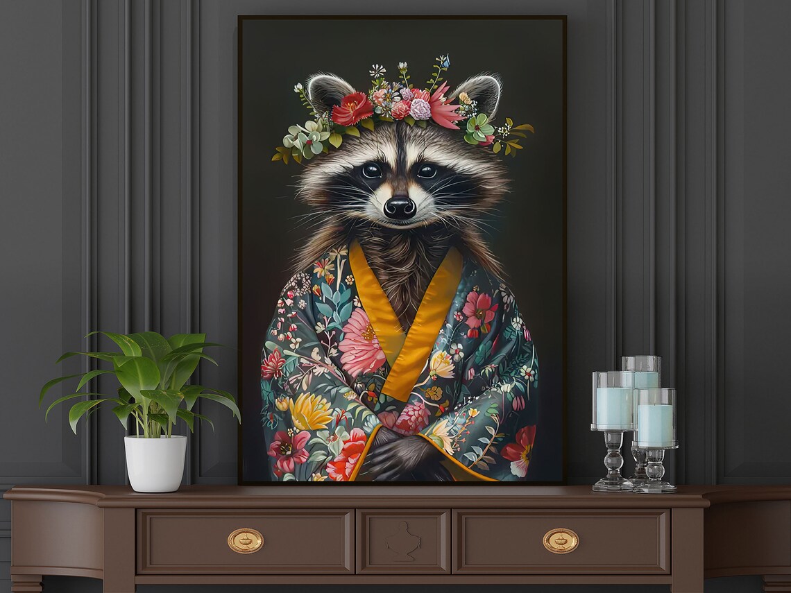 Raccoon In Floral Kimono With Flower Crown Whimsical Animal Portrait Poster - Image 5