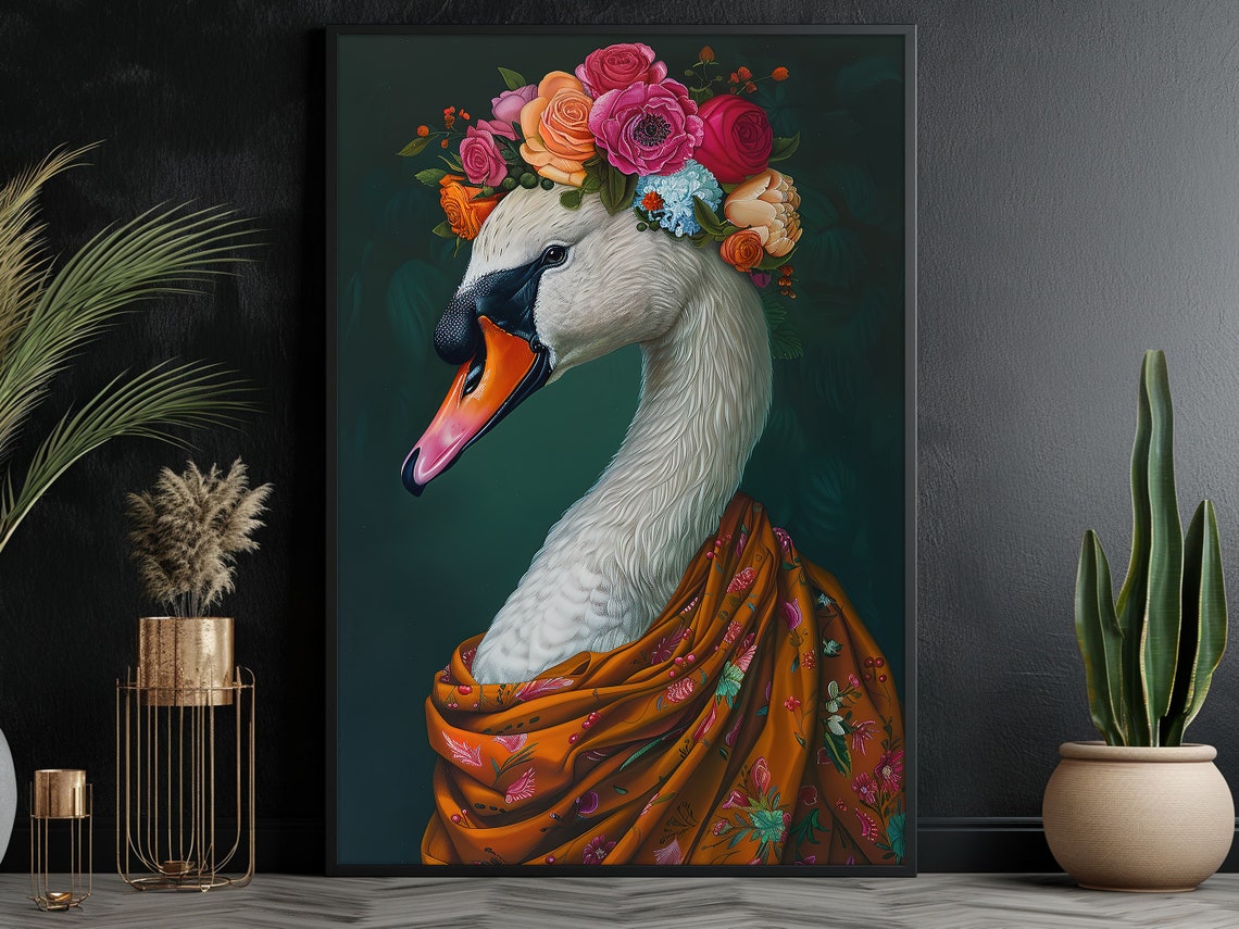 White Swan Flower Crown Floral Drape Elegant Bird Portrait Poster