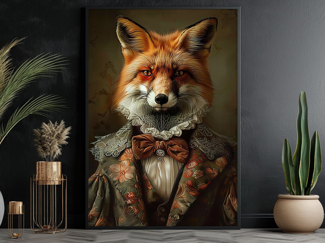 Gentleman Fox Renaissance Portrait Lace Collar Bow Tie Aristocrat Poster - Image 2