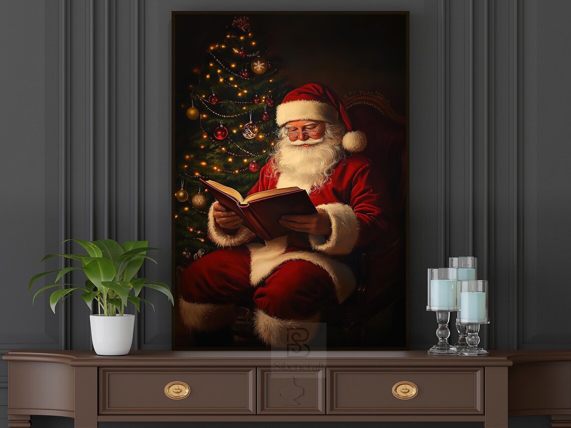 Santa Claus Reading Book In Armchair By Glowing Christmas Tree Night Poster - Image 5