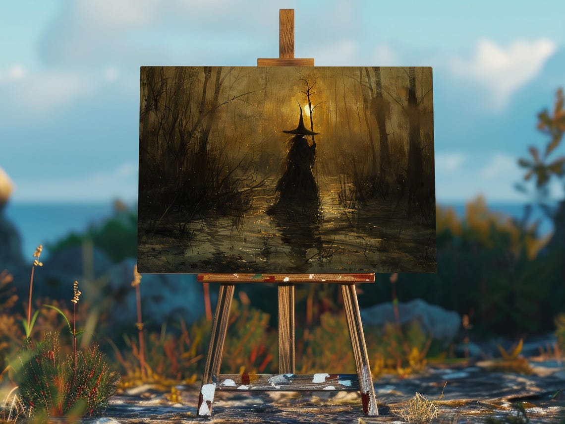 Dark Witch Wading Through Moonlit Creek in Haunted Forest Art Poster - Image 2