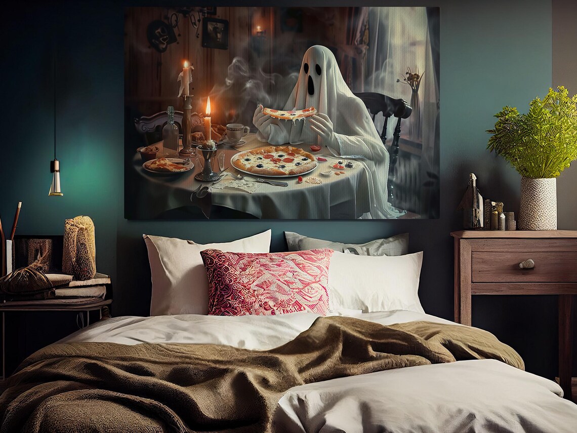Ghost Eating Pizza By Candlelight Funny Spooky Halloween Art Poster - Image 3