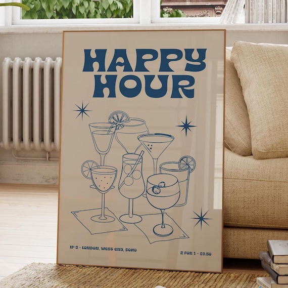 Happy Hour Cocktail Poster Retro Blue Bar Drinks Party Wall Decor