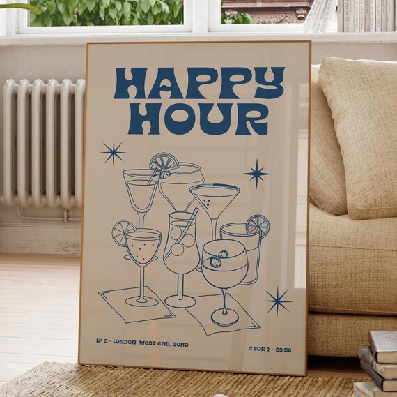 Happy Hour Poster Drinks Celebration Art Illustration Alcohol Cheers Bar Decor Fun Wall Gift For Friend