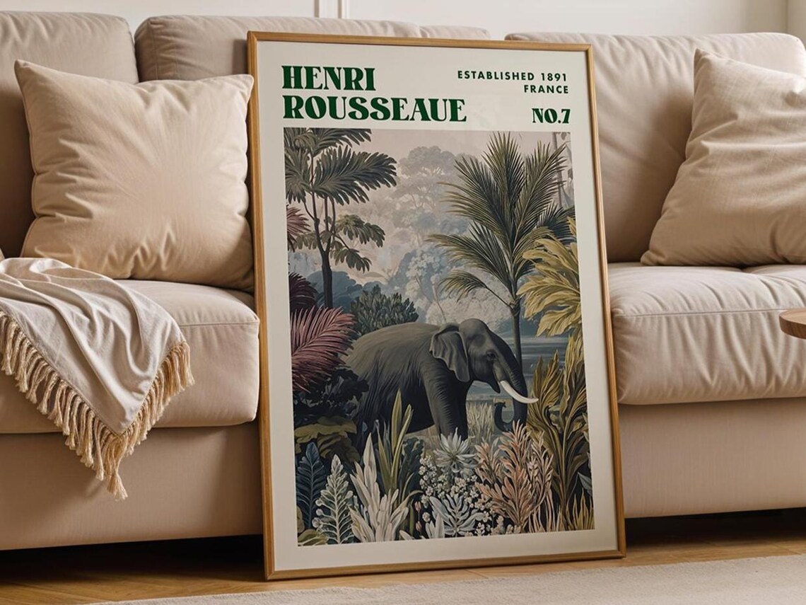 Elephant Jungle Art Print, Henri Rousseau Inspired Tropical