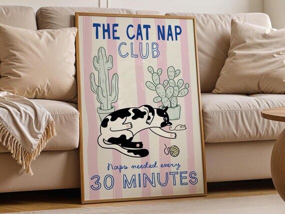 Cat Nap Club Quote Poster Funny Pet Wall Art Modern Illustration Print Gift For Friend Lover Decor Sassy