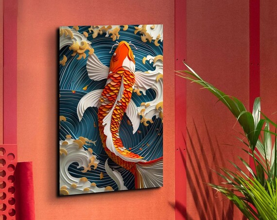 Geometric Koi Fish Wall Art Two Koi Fishes Nature Animal Wall Art Japanese Koi Fish Large Ready To Hang Wall Art Print
